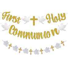 First Communion Banner - Baby Baptism Decoration, First Communion Colorful Flag Banner, Religious Baptism Party Decorations With Golden Sequins - View 1