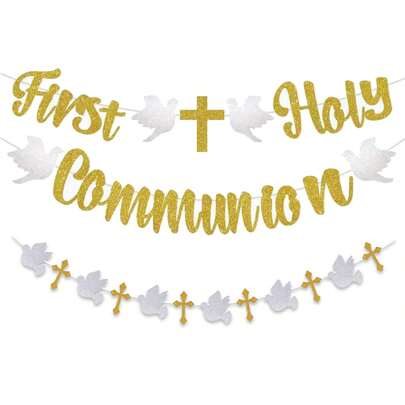 First Communion Banner - Baby Baptism Decoration, First Communion Colorful Flag Banner, Religious Baptism Party Decorations With Golden Sequins
