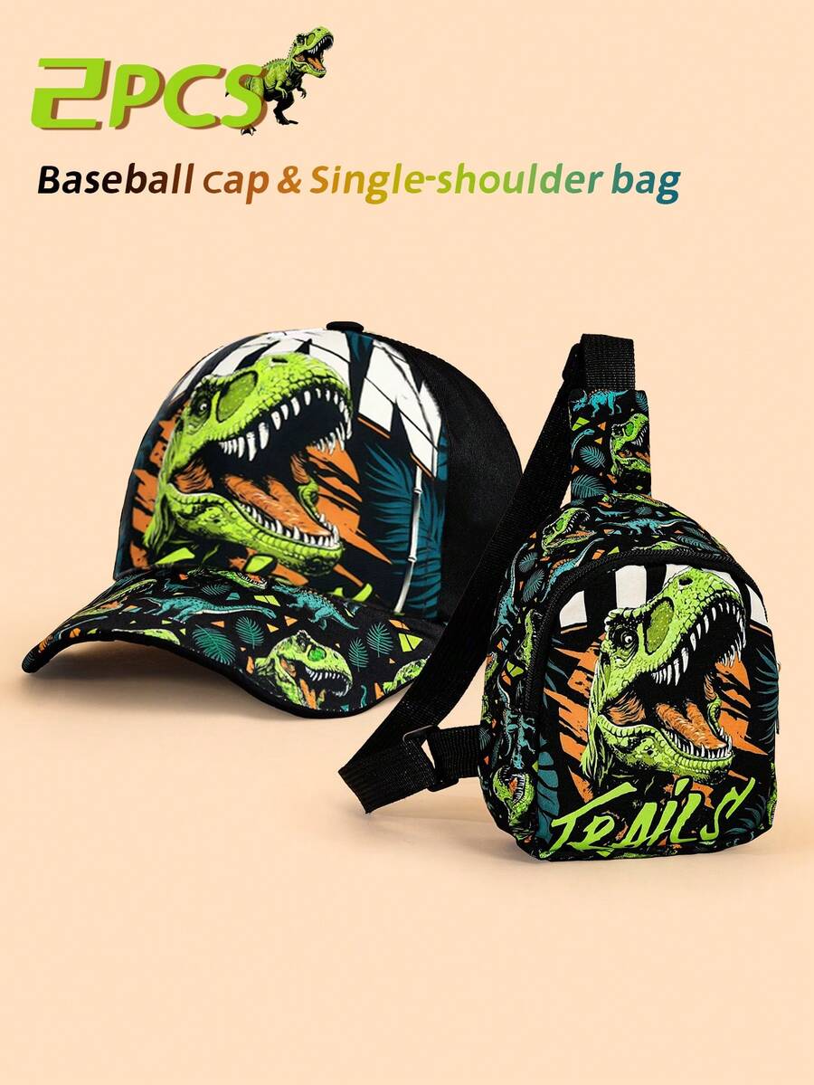 Bộ 2 món gồm mũ lưỡi trai và túi đeo ngực họa tiết khủng long cho bé 3-5 tuổi, thời trang và đa năng, chống nắng, có thể điều chỉnh, phù hợp cho các hoạt động hàng ngày, du lịch và nghỉ lễ. - Nhiều màu - Xem 1