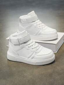 2026 Kids High-Top Sneakers, Fashion Versatile, Hook And Loop Closure Design, Skateboard Shoes For Children, Fashionable Student Campus Shoes - White - View 14