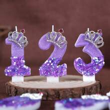 1PC Purple Crown 0-9 Number Birthday Candle Creative New Style, Wedding Decoration, Rhinestone Crown, Suitable For Cake Decoration, Dessert Table, Party Birthday Celebration Candle. - View 7