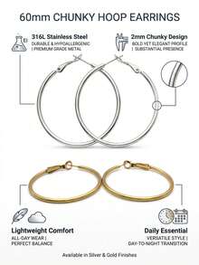 1对316L不锈钢2毫米粗圈耳环（30毫米/40毫米/50毫米/60毫米），防水不褪色金银色圆形耳环，低过敏性日常必备首饰/耳环，女士耳环，耳环，女士耳环 - 金黃色 - 查看 6