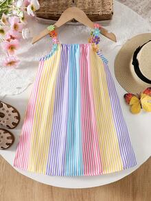 Colorful Striped Floral Strap A-Line Casual Dress, Suitable For Young Girls, Summer Gift, Beach Vacation - Multicolor - View 2