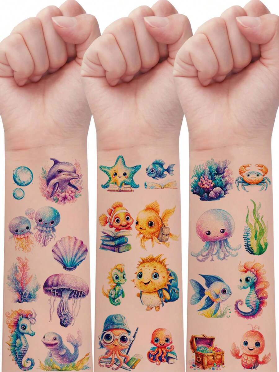 12张闪光临时纹身贴纸，海洋生物元素系列，146种鲨鱼、海豚、海马、海星、海龟、章鱼、水母、鱼类图案的假纹身贴纸，闪亮趣味卡通艺术纹身贴纸，适合作为生日、节日派对礼物