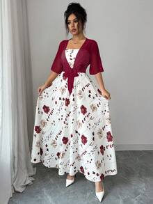 Women's Elegant Ditsy Floral Chiffon Dress With Shawl, 2 Pieces Set Spring Summer - Burgundy - View 10