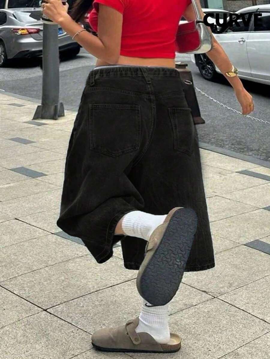 Pantaloncini di jeans casual oversize a vita media, adatti per primavera ed estate, stile di strada europeo e americano, taglie comode - nero - Visualizzare 1