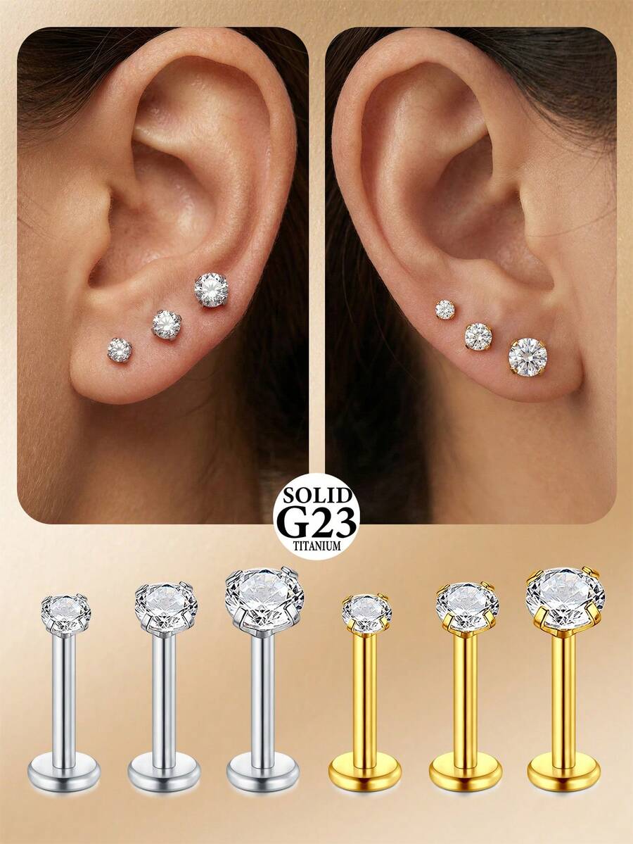CIZME 2 chiếc khuyên môi ren trong G23 16G bằng hợp kim titan, kích thước 2mm 3mm 4mm, đính đá Cubic Zirconia, thích hợp cho xỏ môi, sụn tai, vành tai. - Zirconi - Xem 1