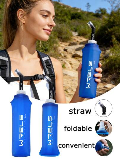  1pc WRELS Foldable Water Bottle With Straw, Leak-Proof, Lightweight, Silicone, Portable, Suitable For Running, Fitness, Cycling, Camping, Outdoor Sports And Bicycle Accessories