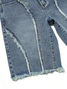 Men's Street Fashion Design Frayed Patchwork Retro Denim Capri Shorts - 中等水洗藍 - 查看 4