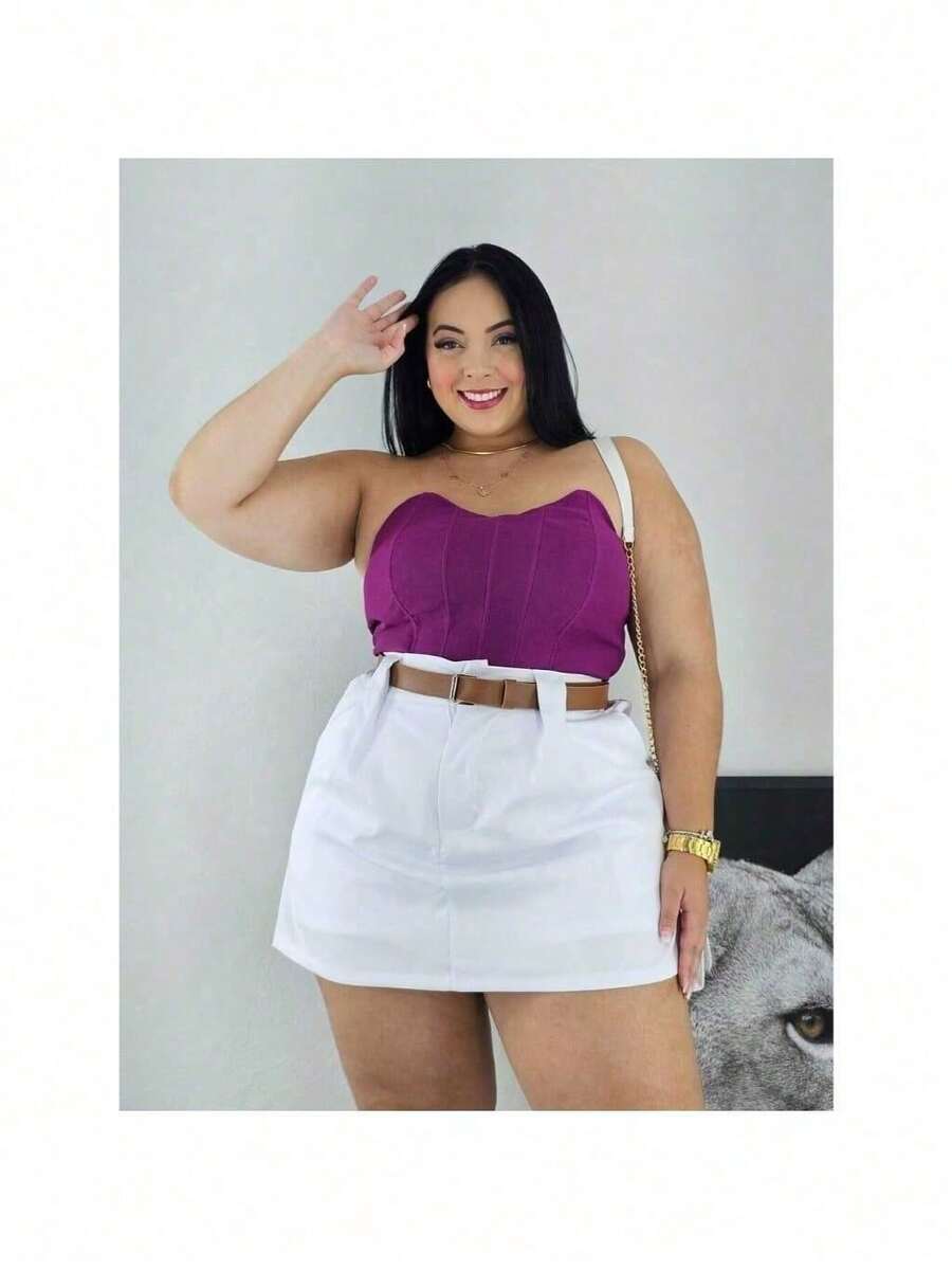 Short Skirt Plus Size Tailored With Belt Various Colors Summer - White - View 1
