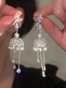 Rundraw 2pcs New Luxury Elegant Teardrop Tassel Zirconia Inlaid Metal Silver Earrings, Suitable For Engagement, Wedding, Bride, Daily, Commute, Celebration, Party, Matching Daily Outfits And Accessories, Best Gift For Friends, Lovers, Valentine's Day, New Year - 銀色 - 查看 7