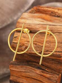 1 Pair Of Stainless Steel Women's Earrings Featuring Geometric Rings, Vertical Posts, And Minimalist Lines. Modern Minimalist Style. Ideal For Urban Women's Daily Commute Or Workplace Wear; Suitable For Any Occasion, Not Limited To Holidays. - Earring - View 3