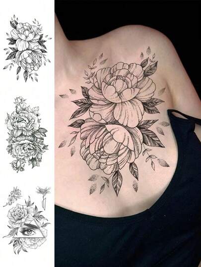 3 Sheets Large Size Temporary Tattoo Stickers For Both Men And Women. Hand-Painted Floral Pattern, Waterproof Fake Tattoo, Lasting 2-5 Days. Can Be Used On The Arms, Chest, Shoulders, Waist, Back, And Legs. Ideal For Holiday Parties To Quickly Create A Personalized Tattoo Look.