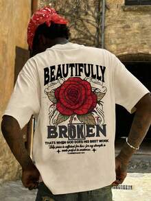 FRACTYR 男士夏季休闲街头时尚宽松方格图案红色玫瑰双面印花圆领短袖T恤 - 杏色 - 查看 3