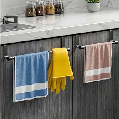 Black Iron Single Bar Towel Rack, Over-The-Door Hanging Hook Style, Space-Saving Towel Bar For Hand Towels, Dish Towels, Face Towels, Kitchen Supplies, Bathroom Accessories, Home Decor, Christmas Decoration