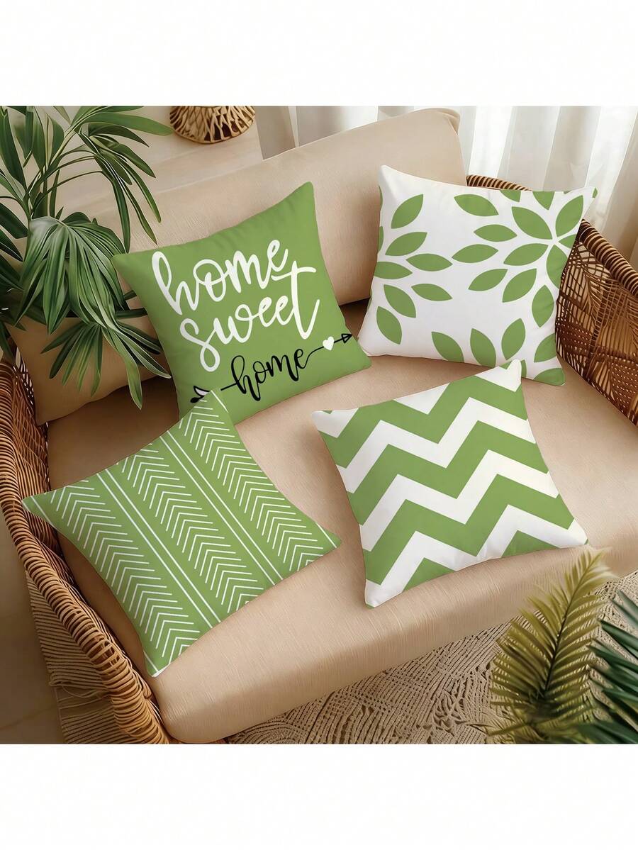 4件套牛奶绿枕套，字母印花+几何纹理，多功能床头/沙发靠垫套（不含枕芯） - 彩色 - 查看 1