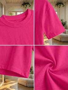 Blusa de mujer de corte holgado, cuello redondo, manga corta, casual, adecuada para primavera y verano, con estilo minimalista, elegante y sexy Y2K, apta para uso diario, oficina, hogar y exteriores - Rosa Fucsia - Ver 8