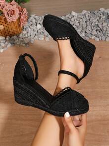Breathable Slip-On Wedge Sandals With Buckle Closure, Fashionable Casual Rope Platform Shoes For Women - All Black - View 2
