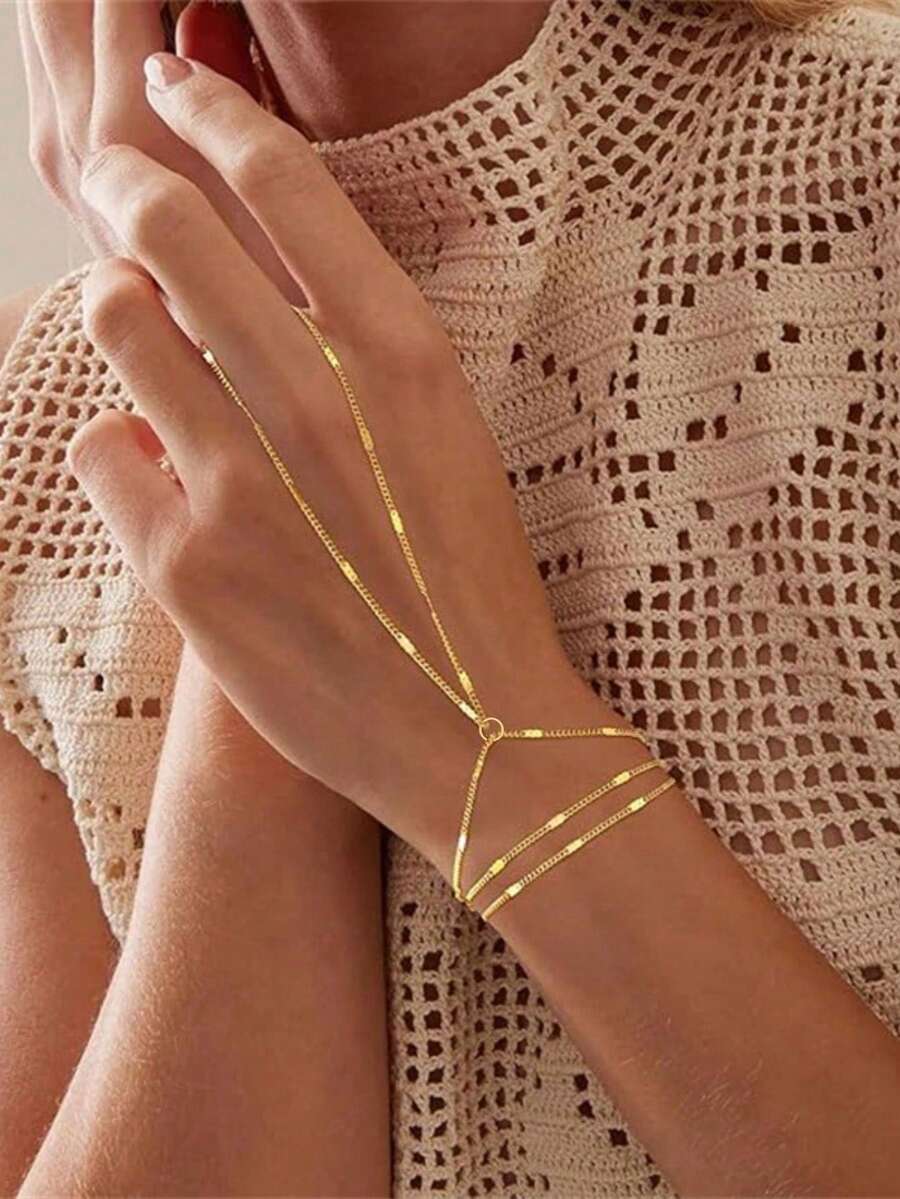 2pcs Minimalist Elegant Multi-Layer Beaded Chain Finger Rings Bracelet, Versatile For Women Daily, Party, Music Festival, Shopping (Handmade, Quantity Random, Avoid Water)