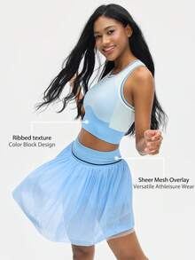 Leorrey 1 Set Women Ribbed Patchwork Round Neck Racerback Tank Top & High Waist Pleated Mesh Anti-Chafing Shorts Sports Suit - Baby Blue - View 1