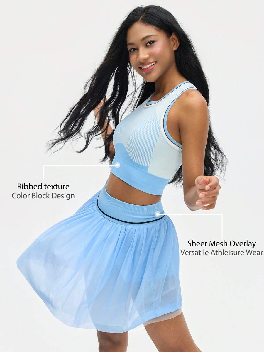 Leorrey 1 Set Women Ribbed Patchwork Round Neck Racerback Tank Top & High Waist Pleated Mesh Anti-Chafing Shorts Sports Suit - Baby Blue - View 1
