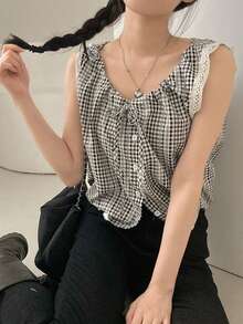 Sleeveless Lace Trim Camisole Top For Women Casual Summer - Black and White - View 4