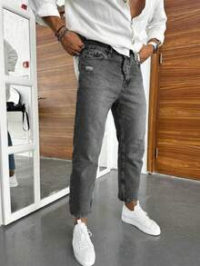 Men's Medium Grey Washed Indigo Retro Vintage Loose Straight Leg Jeans, Relaxed Fit, Comfortable, Flattering Leg, Grey Washed Denim, Suitable For Spring, Summer, Autumn And Winter, Distressed, Loose, Straight Leg, Ankle Length, Slightly Short Pants, Oversized Fit, Recommend Ordering One Size Down - Grey - View 2