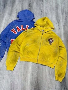 Sudadera con capucha con cremallera para hombre, ropa casual de calle, con bordado del logotipo "Valley Dreams" y detalles de strass - Amarillo - Ver 1