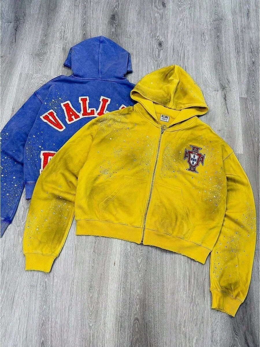 Sudadera con capucha con cremallera para hombre, ropa casual de calle, con bordado del logotipo "Valley Dreams" y detalles de strass - Amarillo - Ver 1