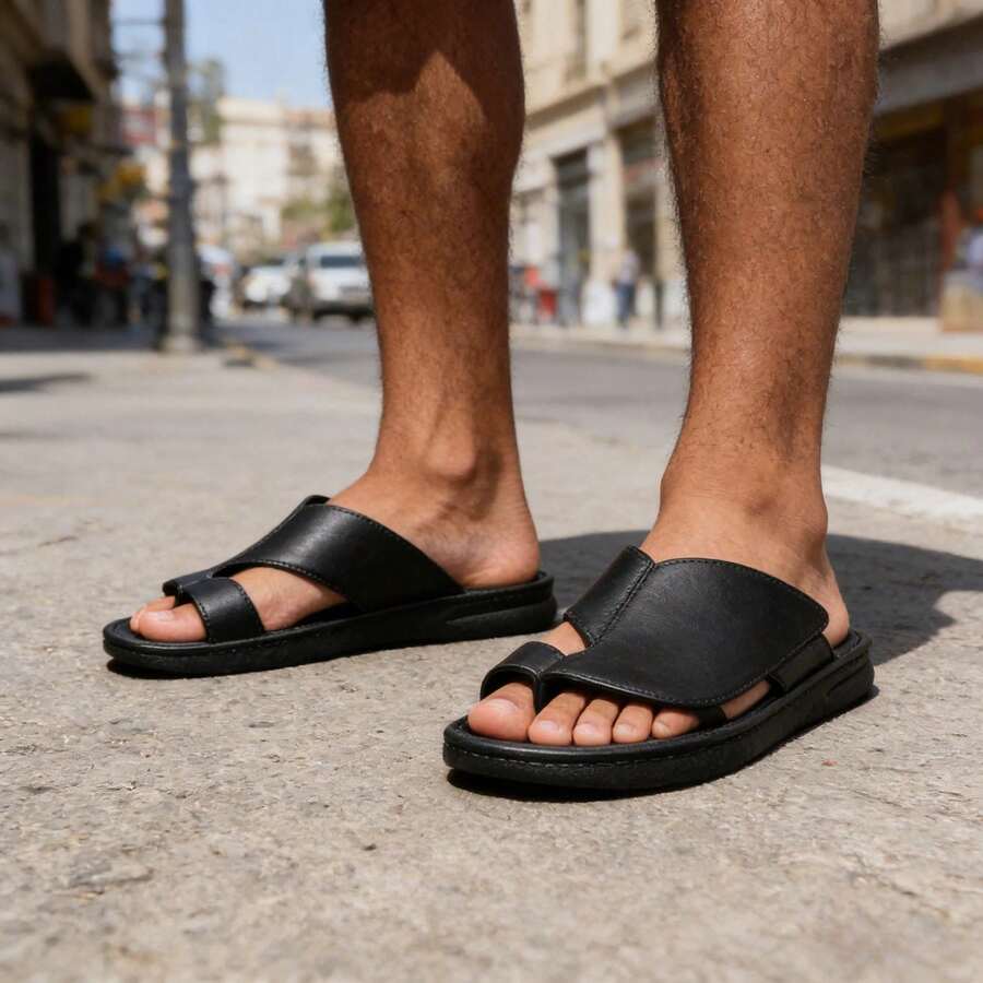 男士拖鞋，黑色简约设计橡胶底凉拖鞋，休闲夏季黑色平底凉拖鞋 - 黑色 - 查看 1