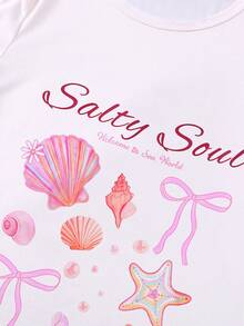 2件套女童海洋风贝壳海星印花睡衣套装，“Salty Soul”甜美儿童睡衣，短袖上衣搭配宽松弹力腰荷叶边短裤，时尚少女装，适合日常穿着、派对和聚会。 - 白色 - 查看 7