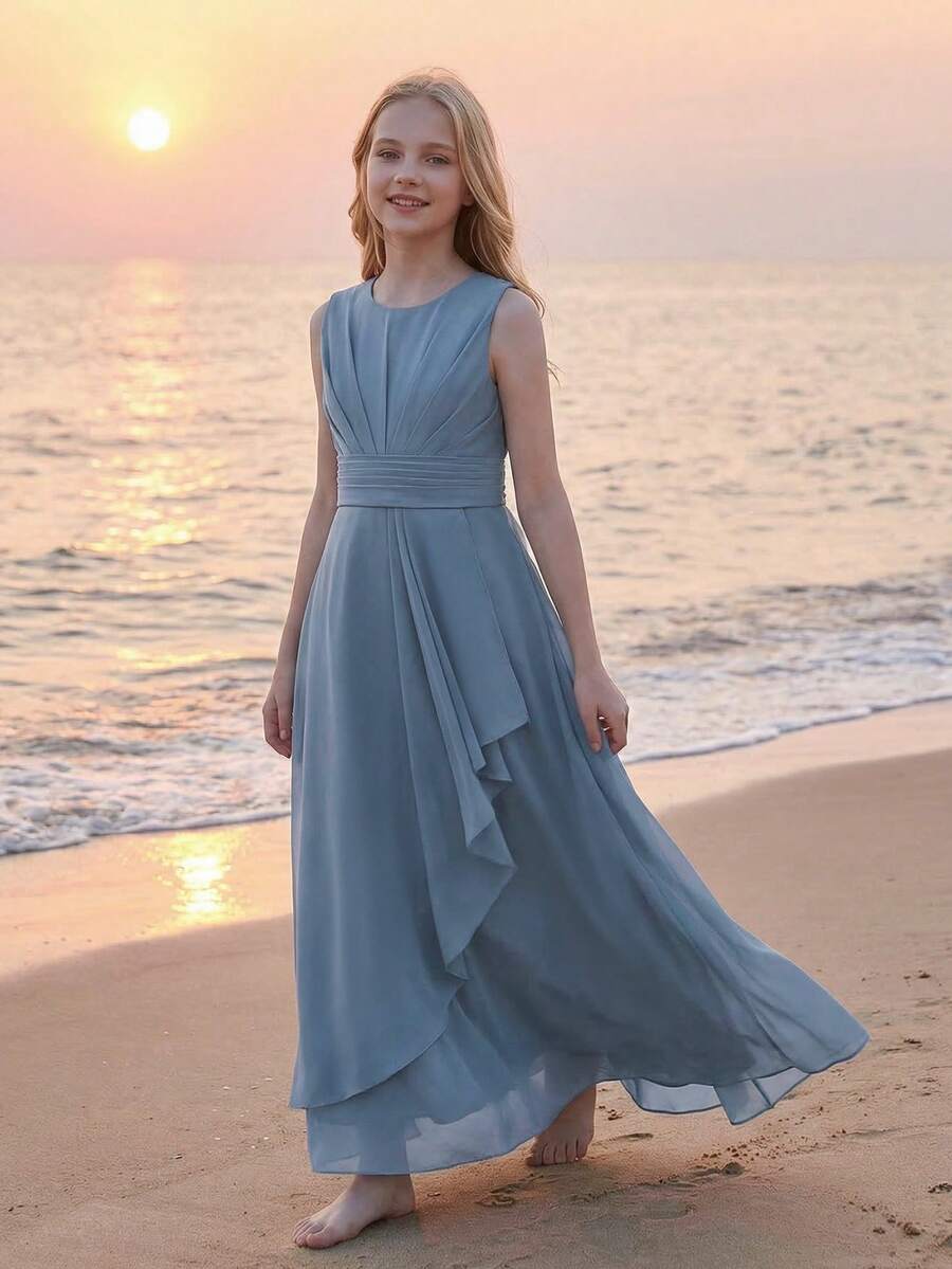 Đầm chiffon ôm sát, không tay, cổ chữ V, hở lưng, xếp ly ở eo, thanh lịch, thích hợp cho du lịch, kỳ nghỉ, tiệc sinh nhật, đám cưới, bé gái cầm hoa, phù dâu, dạ hội, các dịp trang trọng.