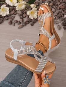 Summer New Rhinestone Decorated Casual Open Toe Thick Bottom Slippers, Comfortable Daily Outdoor Wear Wedge Platform Sandals For Women,Beach Shoes - Silver - View 3