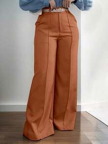 Jessefine Zippered Pockets Wide Leg Pants, Waistless Solid Color Suit Fabric, Brown, Elegant Commute Versatile Office School Daily Wear, Spring/Summer - màu đen - Xem 10