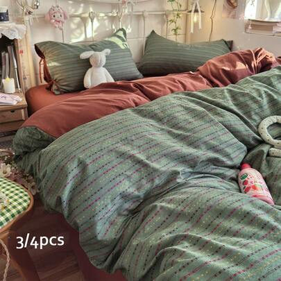 3/4件套波点床上用品套装，包含被套、床单和枕套，适用于卧室、客房和宿舍，清新洁净风格，可机洗。