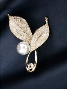优雅水晶叶形珍珠胸针，金色水钻叶形别针，精致珍珠胸针，可搭配连衣裙、围巾、西装 - A - 查看 10