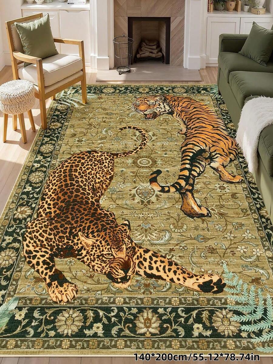 1pc Tiger Area Rugs, Boho Washable Rugs For Living Room, Vintage Soft Dining Room Rug, Non Slip Resistant Large Floor Carpet For Office Bedroom,Living Room,Entrance Welcome Door Mat, - Maroon - View 1