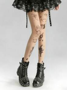 1 đôi quần tất nữ in hình xăm Alice ở xứ sở thần tiên, kiểu Gothic Lolita, phù hợp cho trang phục thường ngày và phong cách Punk. - Nhiều màu - Xem 3