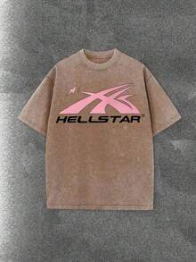 Worn-Out Washed Men's Short-Sleeved Shirt, Featuring A Pink Meteor Flame Human Face Silhouette Pattern In Letters On A Double-Sided Print - Coffee Brown - View 2