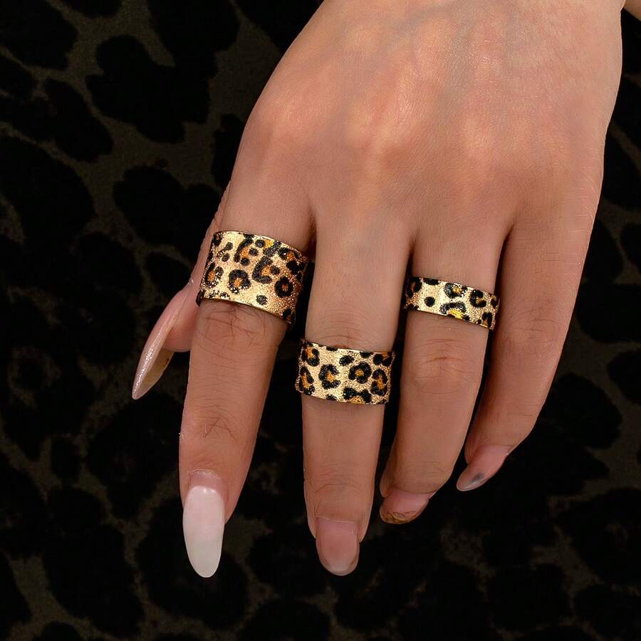 3pcs Fashionable Elegant Minimalist Leopard Print Open Ring Set, Suitable For Women's Daily Wear - Multicolor - View 1