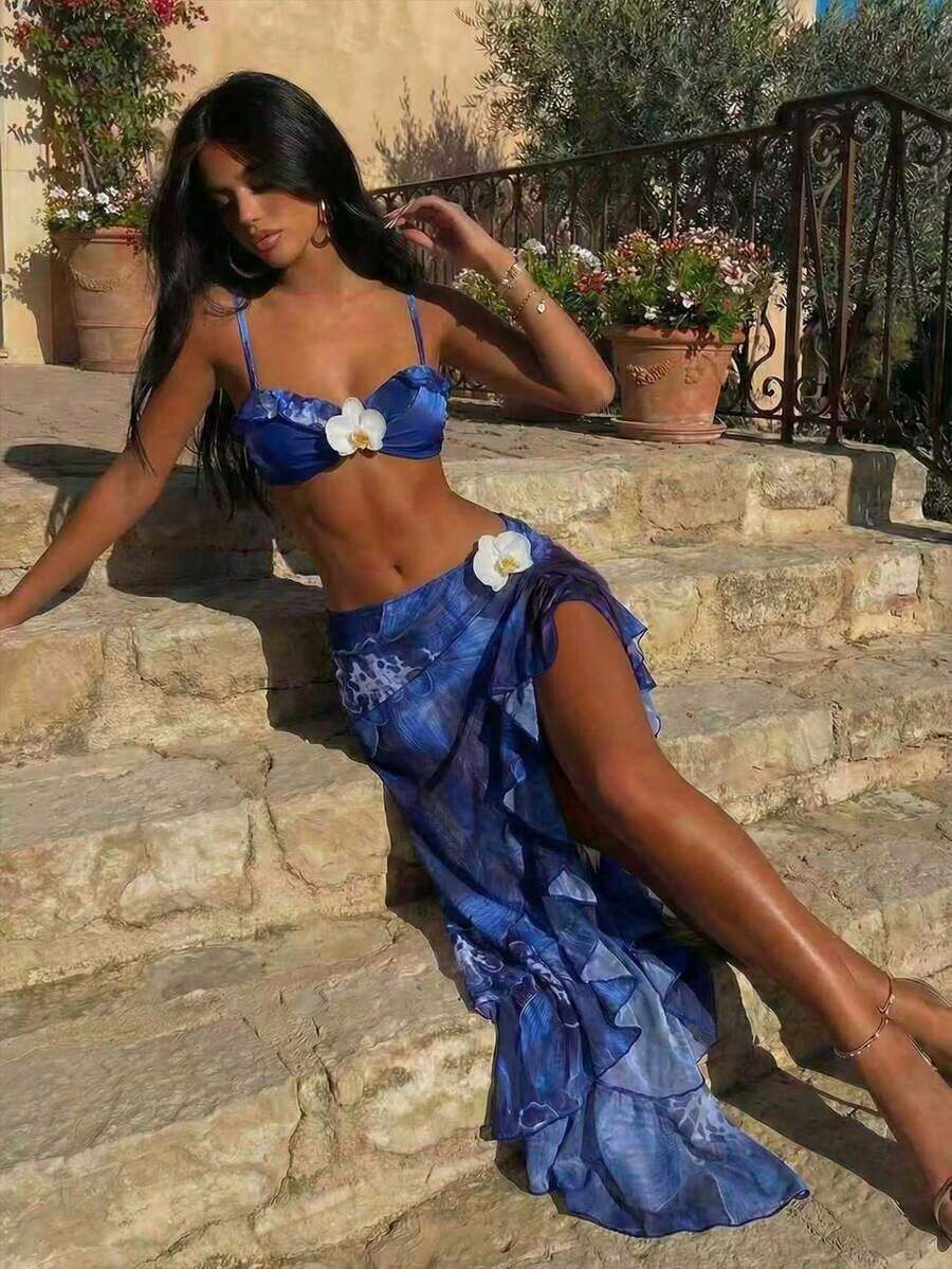 3pcs Women's Floral Print Elegant Sexy Backless 3D Flower Beach Dress Bikini Set, Spring/Summer Vacation - 藍色 - 查看 1