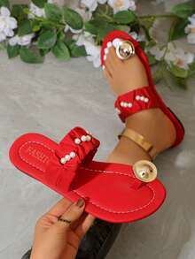 Red Faux Pearl Flat Sandals, Fashionable Slip-On Sandals, Bohemian Style Flip-Flops, Versatile Casual Date & Holiday Flat Sandals - Rose Red - View 6