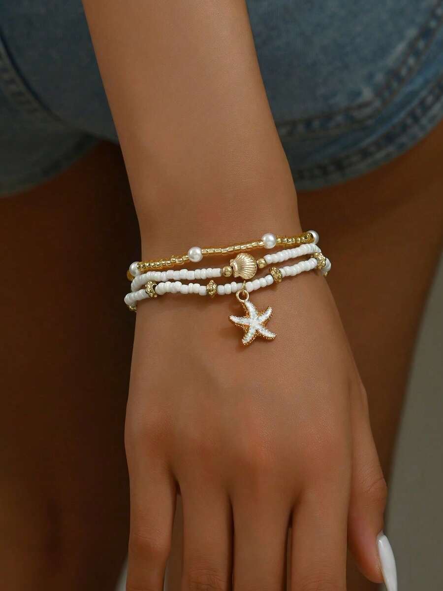 3件套简约白色珠子和仿珍珠海星贝壳手链，适合女性日常佩戴和休闲旅行 - 彩色 - 查看 1
