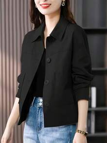 Women's Solid Color Front Button Elegant Office Jacket, Minimalist Fashion Single-Breasted, Spring/Autumn Black - Black - View 2