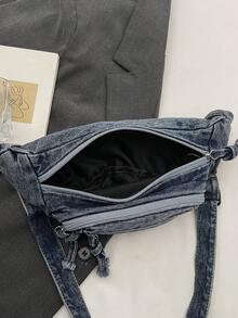 Bolso de pecho de mujer de mezclilla vintage lavada, diseño de múltiples bolsillos para un almacenamiento organizado, correa de hombro ajustable, adecuado para salidas casuales, compras y viajes diarios - Azul lavado oscuro - Ver 6