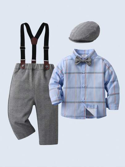 BOARNSEORL 2pcs Young Boys Gentleman Outfit Set, Random Striped Shirt And Gray Suspender Pants With Hat And Bow Tie, Suitable For Handsome, Suitable For Baby Shower, Birthday Party, Formal Occasion, Wedding, Page Boy Formal Attire
