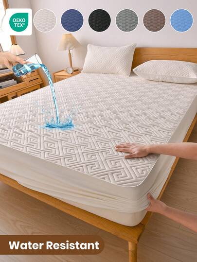 1 pieza Sábana ajustable de unicolor impermeable, ropa de cama, sábana ajustable, cubierta de colchón impermeable, ropa de cama suave y cómoda para el dormitorio, protector de colchón hipoalergénico, cubierta de colchón a prueba de polvo y humedad, disponible en múltiples colores, patrón de remolino ultrasónico se ajusta a todos los tamaños de cama individual, doble, king, queen, regalo de ropa de cama, lavable a máquina, decoración de habitación, boda, decoración de dormitorio, no 100% impermeable, certificado OEKO-TEX