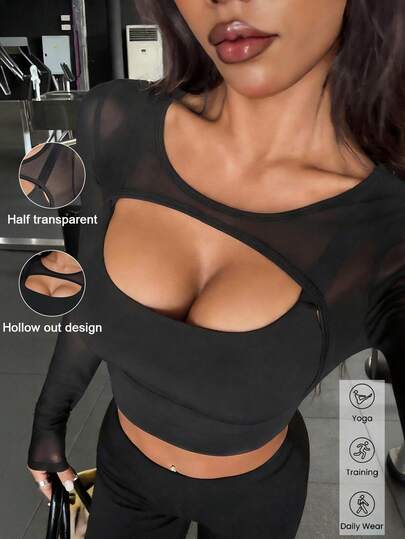 Aoqta Sports Women's Top Spring And Summer Slim Solid Color Fake Two Sexy Semi-Transparent Net Yarn Long Sleeve Top For Sports Fitness Yoga