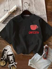Camiseta de algodón de 180g para mujer, camiseta casual con estampado vintage de taza de café y corazón, cuello redondo, mangas cortas, estampado divertido Drink Coffee First, adecuada para el uso diario, salidas informales, versátil para uso en casa y paseos al aire libre. Sencilla y versátil, estilo de nicho a, la primera opción para parejas. - Negro - Ver 3