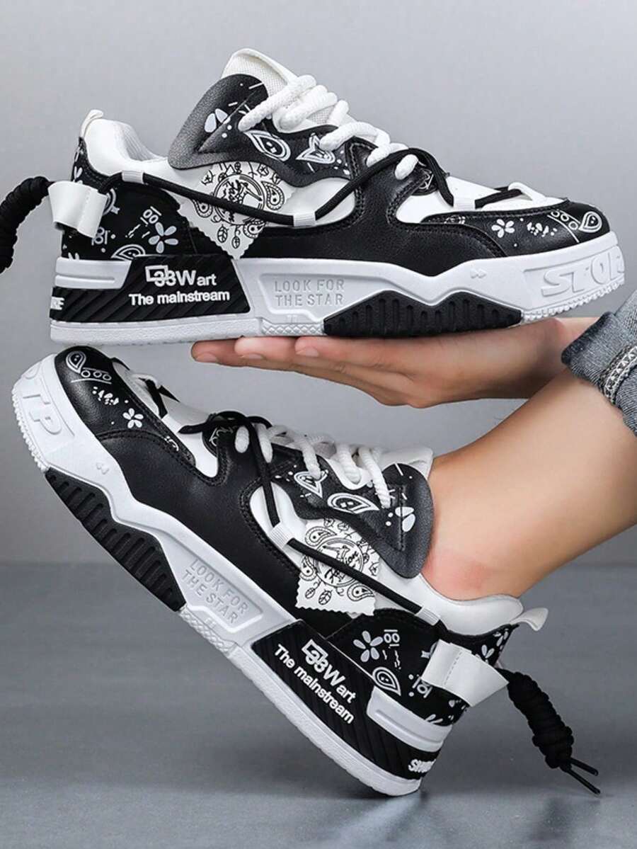Tenis casuales versátiles para hombre de diseño clásico de moda, material de PU con suela gruesa antideslizante y cordones ajustables, calzado cómodo y ligero para trabajo uso diario y todas las estaciones - Negro - Ver 1